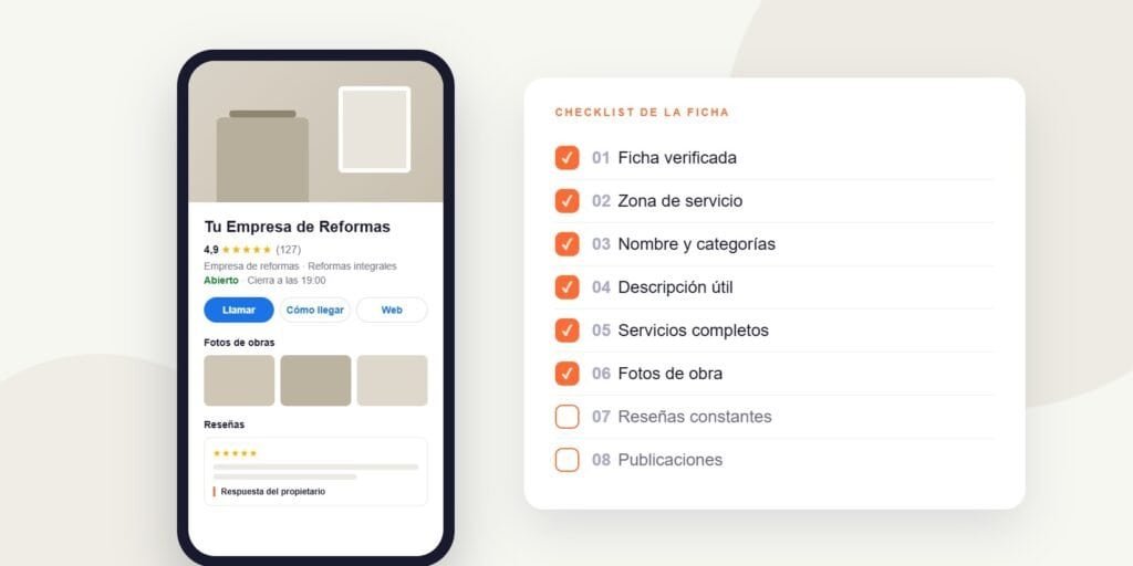 Ficha de Google de una empresa de reformas en un móvil junto a una lista de comprobación de 8 pasos