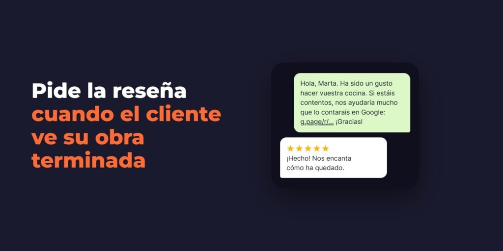Mensaje de WhatsApp pidiendo una reseña en Google al terminar una reforma de cocina