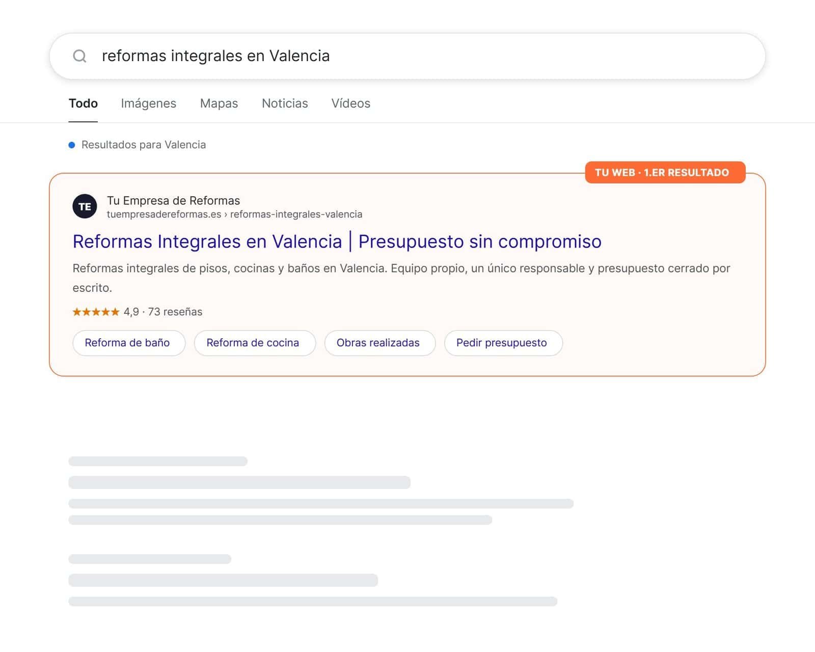 Ejemplo de empresa de reformas en los primeros resultados de Google gracias al SEO local